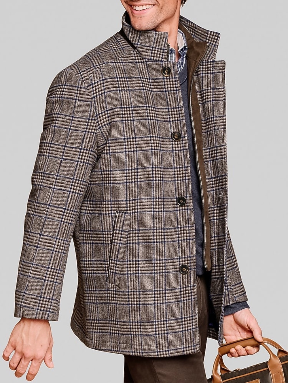 Johnston & Murphy Taupe Plaid Sport Coat with Navy Windowpane